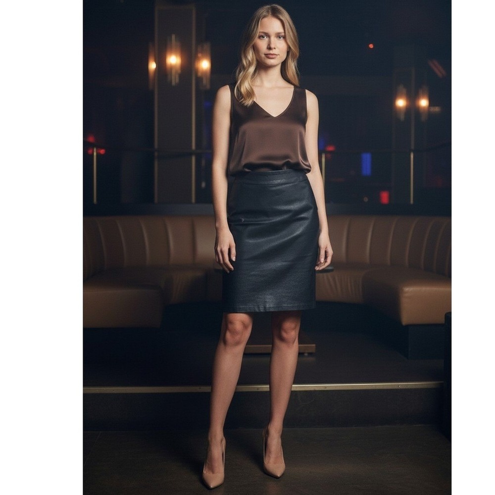 AllSaints Black Coated Pencil Skirt Faux Leather Look Minimalist Moto Chic Biker